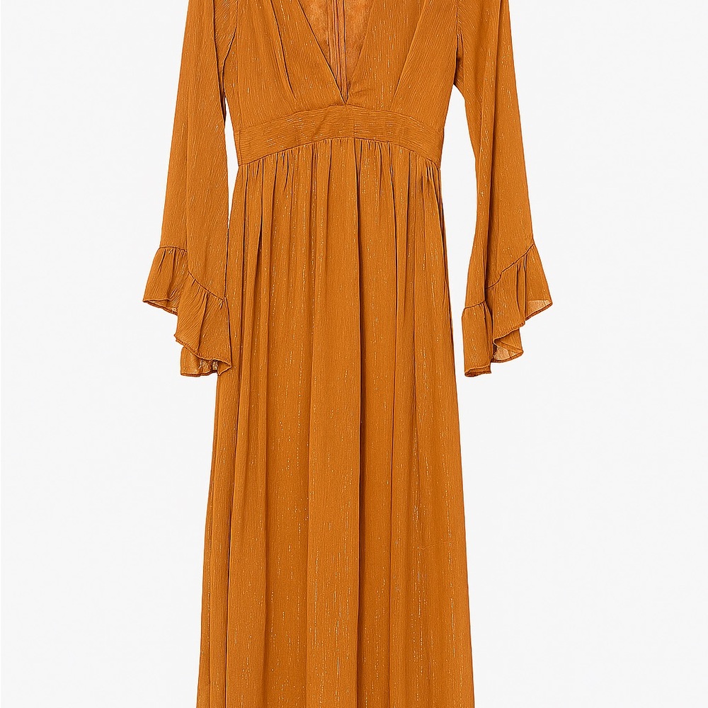 Formal Draping Rust Dress with Bell Sleeves and High Thigh Slit